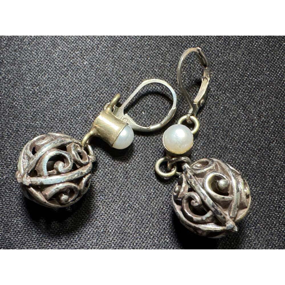 Vintage Silver Tone Filigree Sphere Pearl Drop Lever Back Earrings
